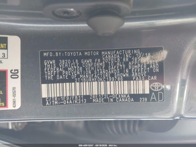 Aukcja sprzedaży 2019 Toyota Corolla Le, vin: 2T1BURHE0KC199786, numer aukcji: 45915247