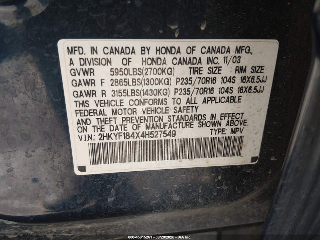 Продажа на аукционе авто 2004 Honda Pilot Ex, vin: 2HKYF184X4H527549, номер лота: 45915261
