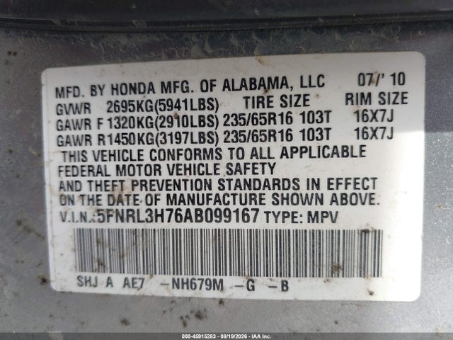 Продаж на аукціоні авто 2010 Honda Odyssey Ex-l, vin: 5FNRL3H76AB099167, номер лоту: 45915283