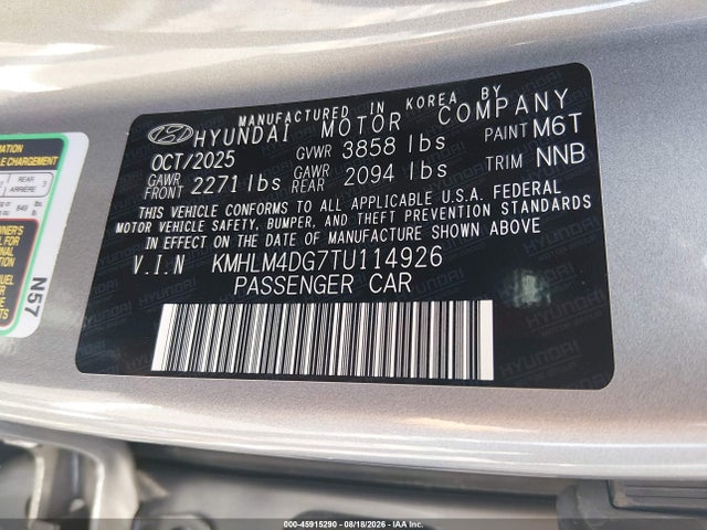 Aukcja sprzedaży 2026 Hyundai Elantra Sel Sport, vin: KMHLM4DG7TU114926, numer aukcji: 45915290