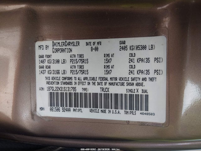 45915292 :رقم المزاد ، 1B7GL22X31S131795 vin ، 2001 Dodge Dakota Slt/sport مزاد بيع