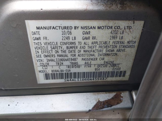 2006 Nissan Altima 2.5 S მანქანა იყიდება აუქციონზე, vin: 1N4AL11D66N459487, აუქციონის ნომერი: 45915322