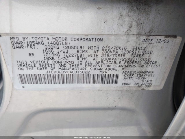 Продажа на аукционе авто 2004 Toyota Rav4, vin: JTEHD20V640015022, номер лота: 45915332