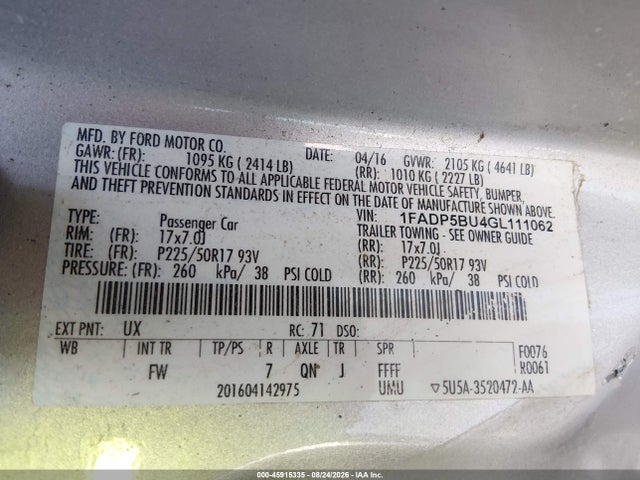 45915335 :رقم المزاد ، 1FADP5BU4GL111062 vin ، 2016 Ford C-max Hybrid Sel مزاد بيع