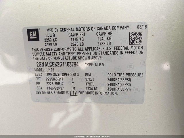 Chevrolet EQUINOX LT 2016 2GNALCEK2G1163794 Image 9