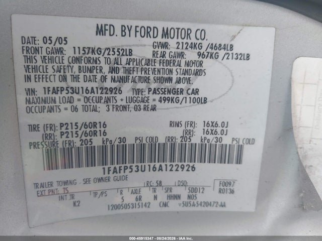 Aukcja sprzedaży 2006 Ford Taurus Se, vin: 1FAFP53U16A122926, numer aukcji: 45915347