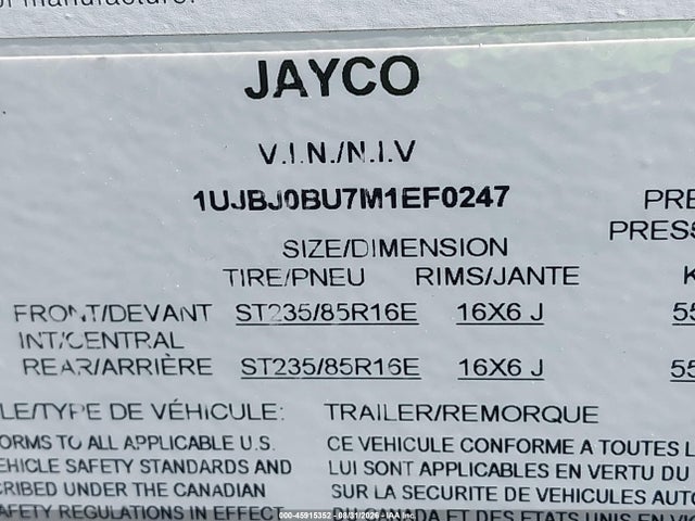 Aukcja sprzedaży 2021 Jayco Eagle, vin: 1UJBJ0BU7M1EF0247, numer aukcji: 45915352