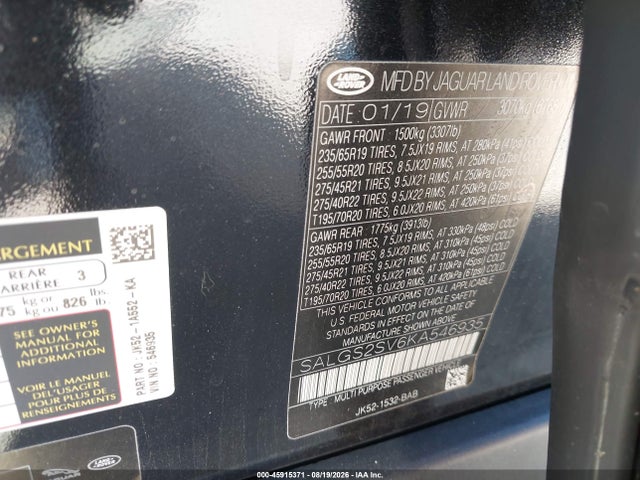 Продаж на аукціоні авто 2019 Land Rover Range Rover 3.0l V6 Supercharged Hse, vin: SALGS2SV6KA546935, номер лоту: 45915371