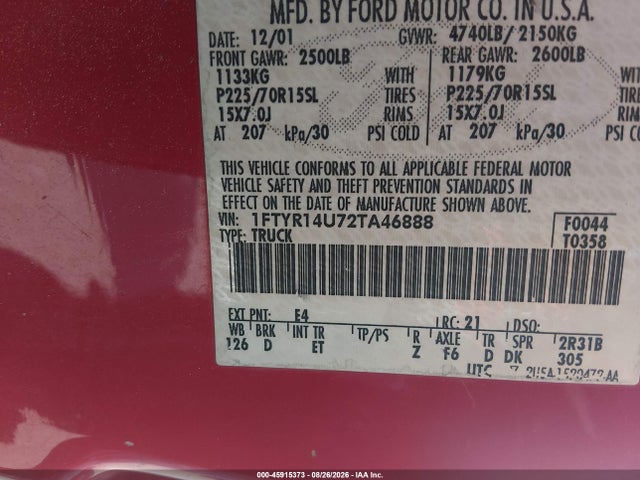 Продаж на аукціоні авто 2002 Ford Ranger Edge/tremor/xl/xlt, vin: 1FTYR14U72TA46888, номер лоту: 45915373