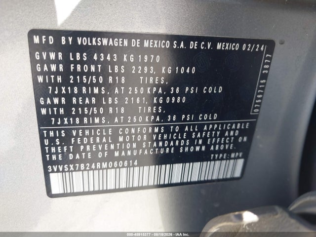 Aukcja sprzedaży 2024 Volkswagen Taos 1.5t Se, vin: 3VVSX7B24RM060614, numer aukcji: 45915377