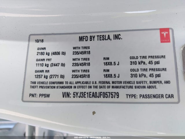 45915379 :رقم المزاد ، 5YJ3E1EA0JF057579 vin ، 2018 Tesla Model 3 Long Range/mid Range مزاد بيع