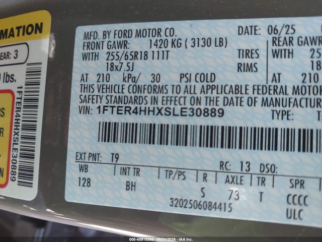 45915380 :رقم المزاد ، 1FTER4HHXSLE30889 vin ، 2025 Ford Ranger Xlt مزاد بيع