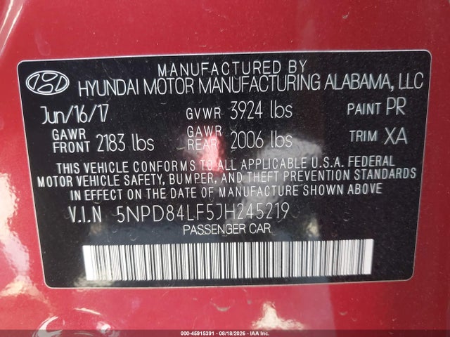 Продаж на аукціоні авто 2018 Hyundai Elantra Sel, vin: 5NPD84LF5JH245219, номер лоту: 45915391