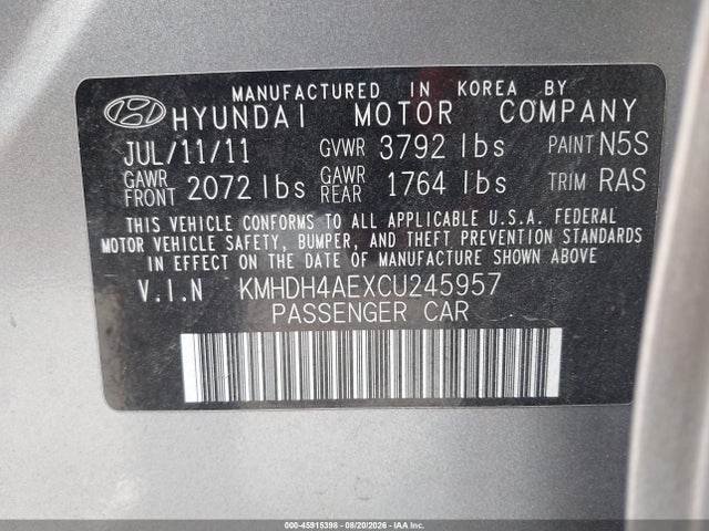 Продаж на аукціоні авто 2012 Hyundai Elantra Limited (ulsan Plant), vin: KMHDH4AEXCU245957, номер лоту: 45915398
