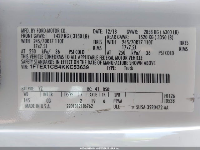 45915414 :رقم المزاد ، 1FTEX1CB4KKC53639 vin ، 2019 Ford F-150 Xl مزاد بيع