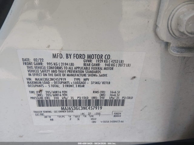 Продажа на аукционе авто 2022 Ford Ecosport Se, vin: MAJ6S3GL3NC457919, номер лота: 45915420