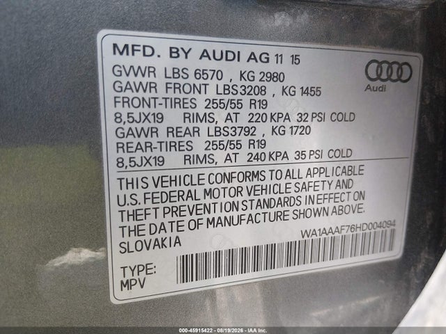 Audi Q7 3.0t Premium 2017 WA1AAAF76HD004094 Image 9