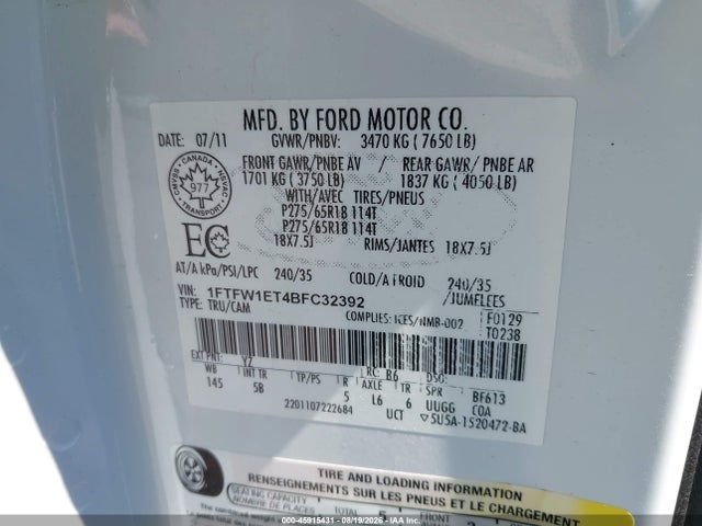 Продажа на аукционе авто 2011 Ford F-150 Fx4, vin: 1FTFW1ET4BFC32392, номер лота: 45915431
