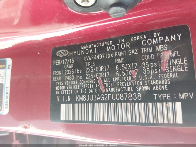 Продаж на аукціоні авто 2015 Hyundai Tucson Se, vin: KM8JU3AG2FU087838, номер лоту: 45915439