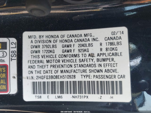 2HGFG3B08EH510928 Honda Civic Ex-l