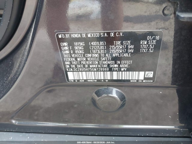 Aukcja sprzedaży 2016 Honda Hr-v Ex-l, vin: 3CZRU5H75GM728988, numer aukcji: 45915444