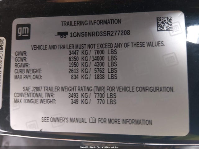 1GNS6NRD3SR277208 Chevrolet Tahoe 4wd Lt