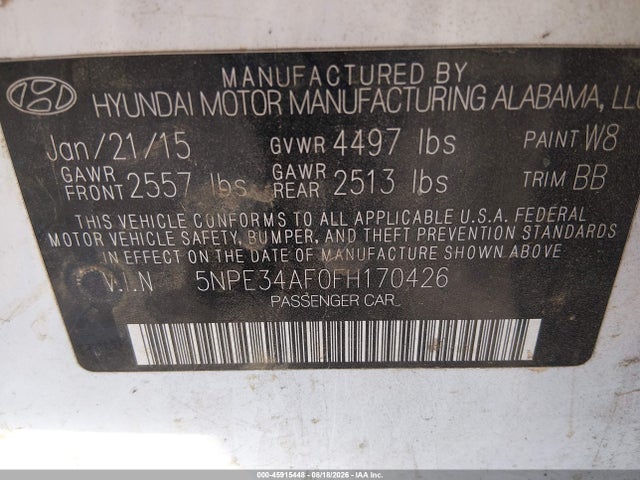 2015 Hyundai Sonata Limited მანქანა იყიდება აუქციონზე, vin: 5NPE34AF0FH170426, აუქციონის ნომერი: 45915448