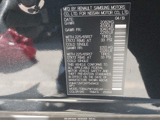45915449 :رقم المزاد ، KNMAT2MT2KP549401 vin ، 2019 Nissan Rogue S مزاد بيع