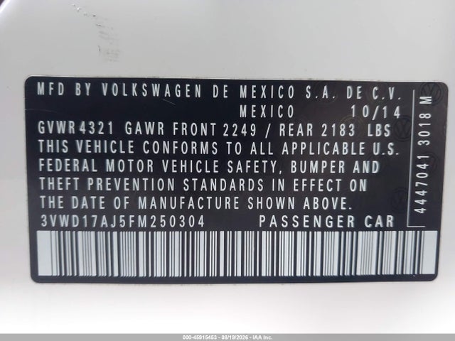Продаж на аукціоні авто 2015 Volkswagen Jetta 1.8t Se, vin: 3VWD17AJ5FM250304, номер лоту: 45915453