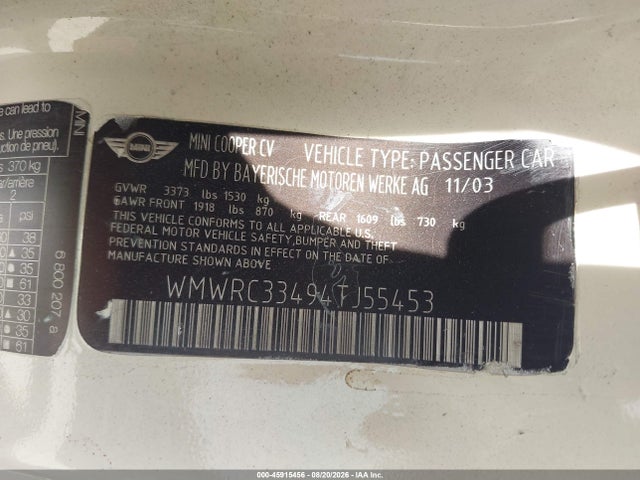 Auction sale of the 2004 Mini Cooper, vin: WMWRC33494TJ55453, lot number: 45915456