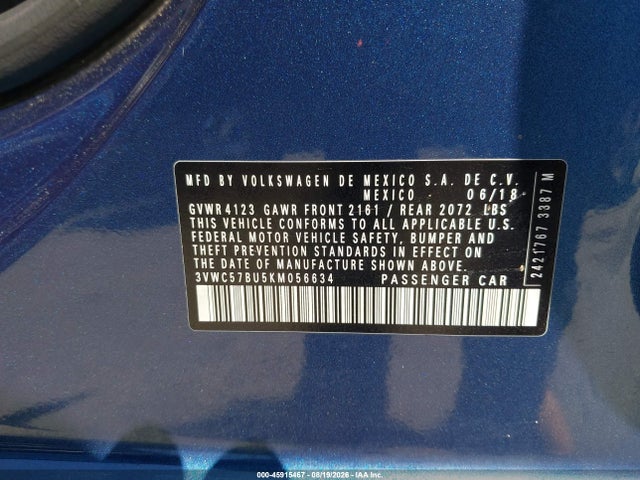 2019 Volkswagen Jetta 1.4t R-line/1.4t S/1.4t Se მანქანა იყიდება აუქციონზე, vin: 3VWC57BU5KM056634, აუქციონის ნომერი: 45915467