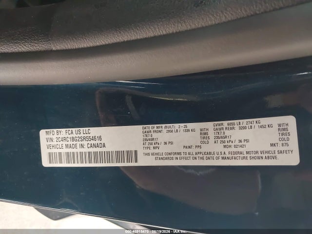 Продажа на аукционе авто 2025 Chrysler Pacifica Select, vin: 2C4RC1BG2SR554616, номер лота: 45915470