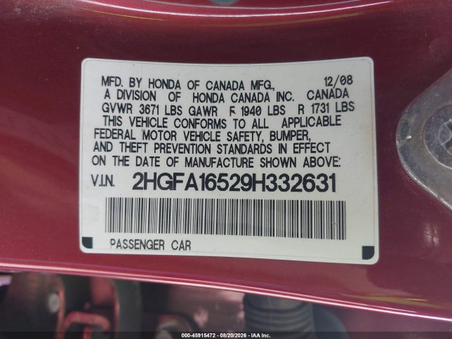 45915472 :رقم المزاد ، 2HGFA16529H332631 vin ، 2009 Honda Civic Lx مزاد بيع