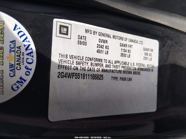 Продажа на аукционе авто 2001 Buick Regal Gs, vin: 2G4WF551811166825, номер лота: 45915495
