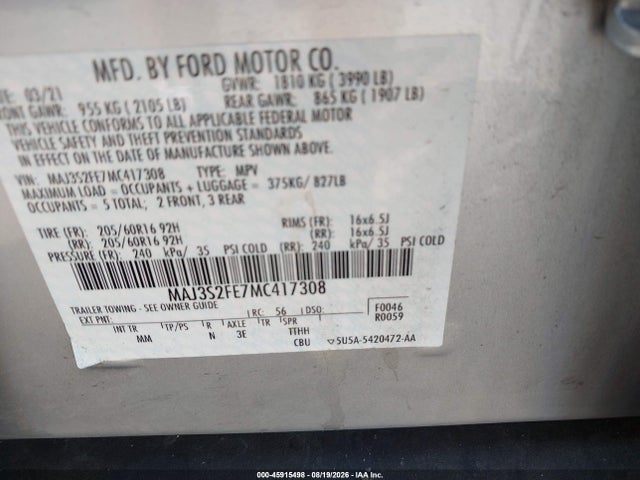 2021 Ford Ecosport S მანქანა იყიდება აუქციონზე, vin: MAJ3S2FE7MC417308, აუქციონის ნომერი: 45915498