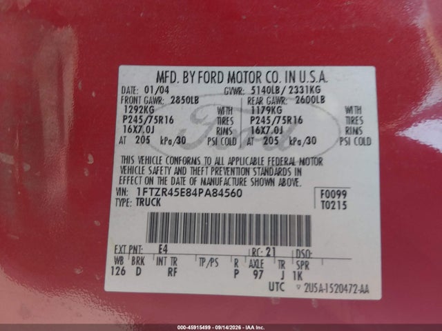 Aukcja sprzedaży 2004 Ford Ranger Edge/tremor/xlt, vin: 1FTZR45E84PA84560, numer aukcji: 45915499
