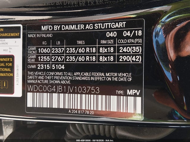 45915508 :رقم المزاد ، WDC0G4JB1JV103753 vin ، 2018 Mercedes-benz Glc 300 مزاد بيع