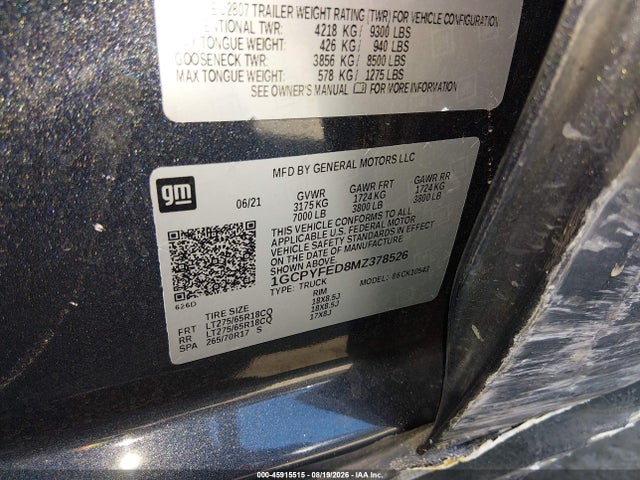 45915515 :رقم المزاد ، 1GCPYFED8MZ378526 vin ، 2021 Chevrolet Silverado 1500 4wd  Short Bed Lt Trail Boss مزاد بيع