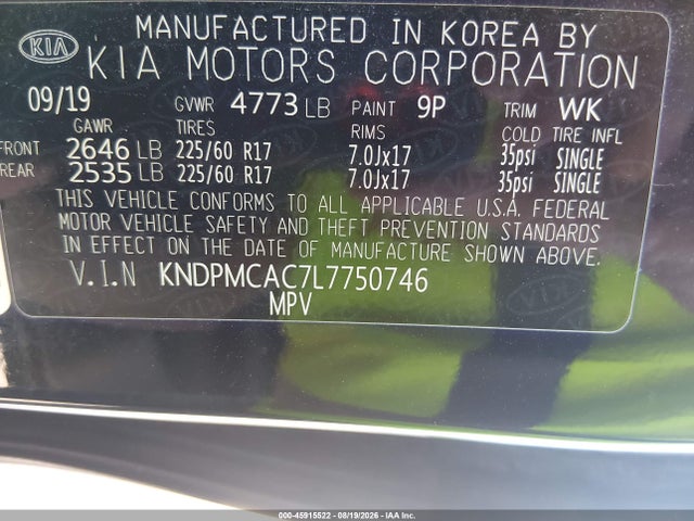 Продажа на аукционе авто 2020 Kia Sportage Lx, vin: KNDPMCAC7L7750746, номер лота: 45915522