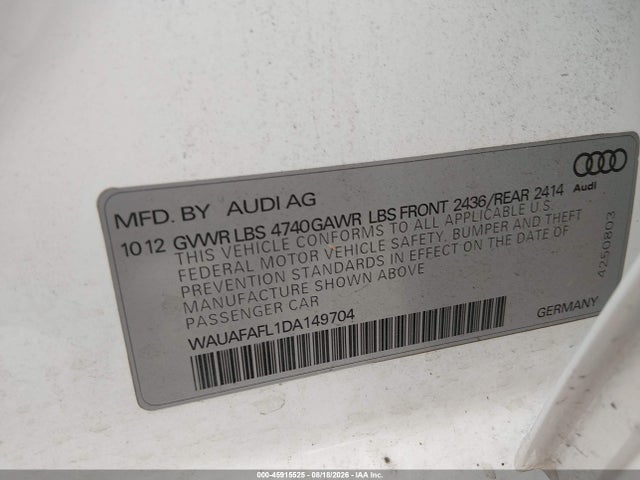 45915525 :رقم المزاد ، WAUAFAFL1DA149704 vin ، 2013 Audi A4 2.0t Premium مزاد بيع
