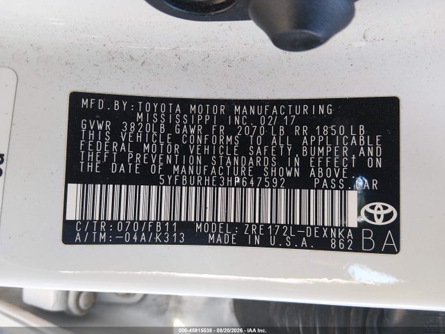 5YFBURHE3HP647592 Toyota COROLLA LE
