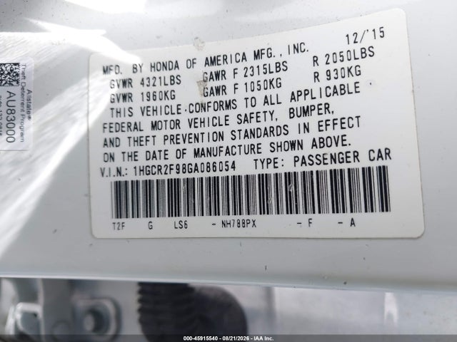 1HGCR2F98GA086054 Honda Accord Ex-l