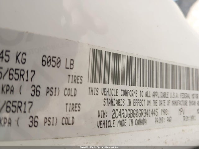 2016 Dodge Grand Caravan Se მანქანა იყიდება აუქციონზე, vin: 2C4RDGBG0GR341445, აუქციონის ნომერი: 45915542
