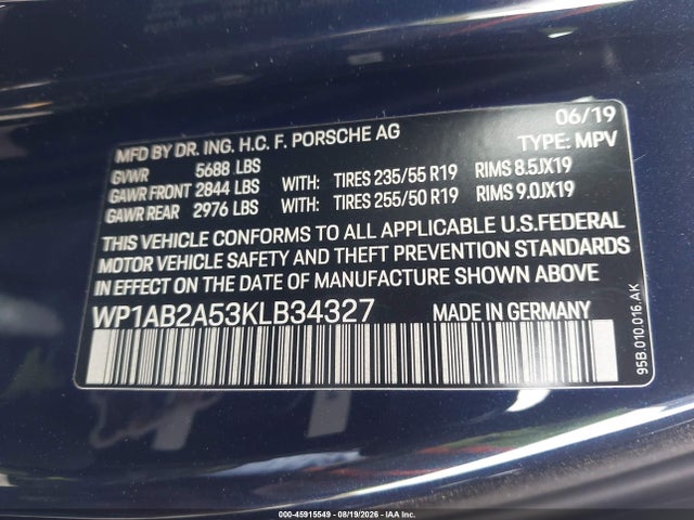 2019 Porsche Macan S მანქანა იყიდება აუქციონზე, vin: WP1AB2A53KLB34327, აუქციონის ნომერი: 45915549