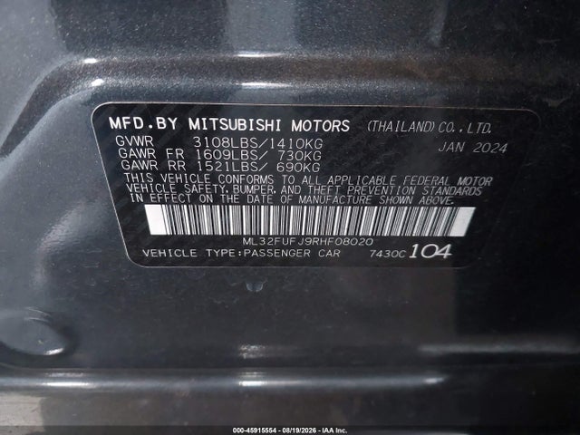 Aukcja sprzedaży 2024 Mitsubishi Mirage G4 Es, vin: ML32FUFJ9RHF08020, numer aukcji: 45915554