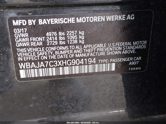 Продаж на аукціоні авто 2017 Bmw 530i Xdrive, vin: WBAJA7C3XHG904194, номер лоту: 45915560