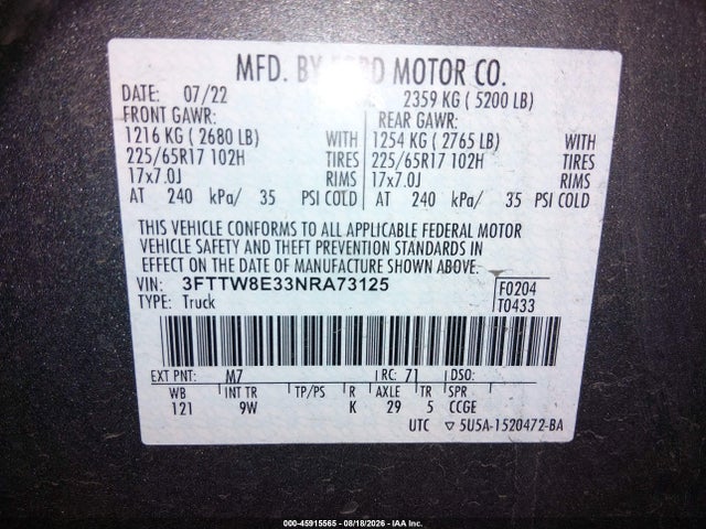 Продаж на аукціоні авто 2022 Ford Maverick Xl, vin: 3FTTW8E33NRA73125, номер лоту: 45915565