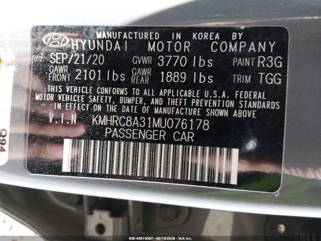 45915567 :رقم المزاد ، KMHRC8A31MU076178 vin ، 2021 Hyundai Venue Sel مزاد بيع