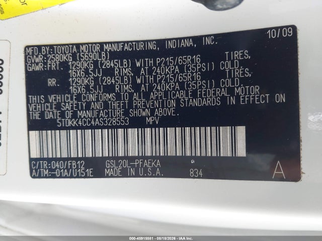 Продаж на аукціоні авто 2010 Toyota Sienna Le, vin: 5TDKK4CC4AS328553, номер лоту: 45915581