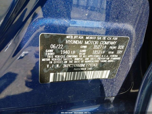 Продажа на аукционе авто 2022 Hyundai Accent Se, vin: 3KPC24A68NE179243, номер лота: 45915596